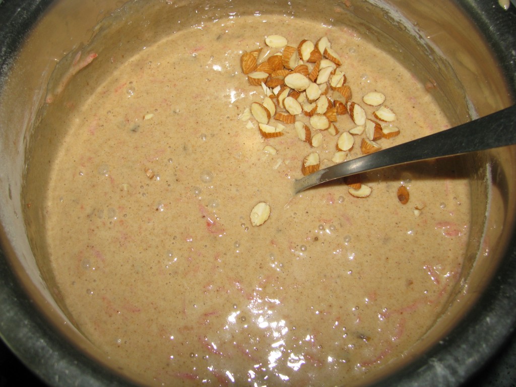 chopped nuts in cake batter 