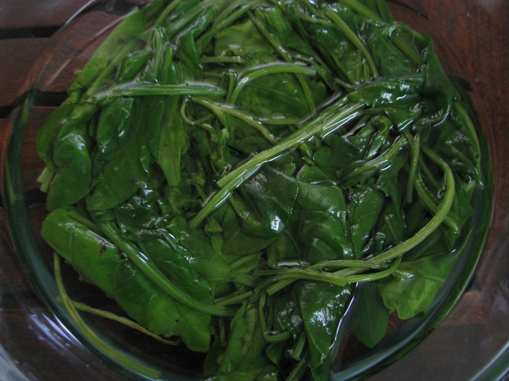 cooked spinach leaves with cold water